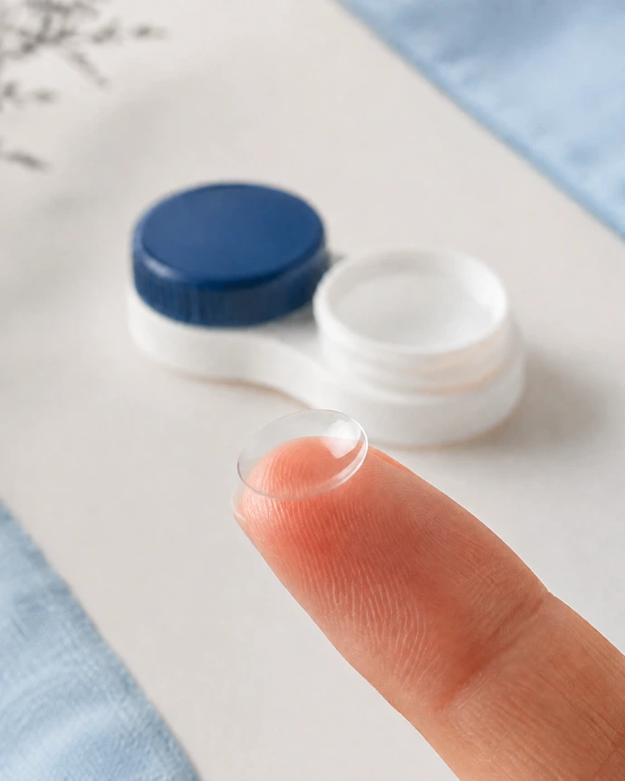 Lentille de contact transparente sur un doigt