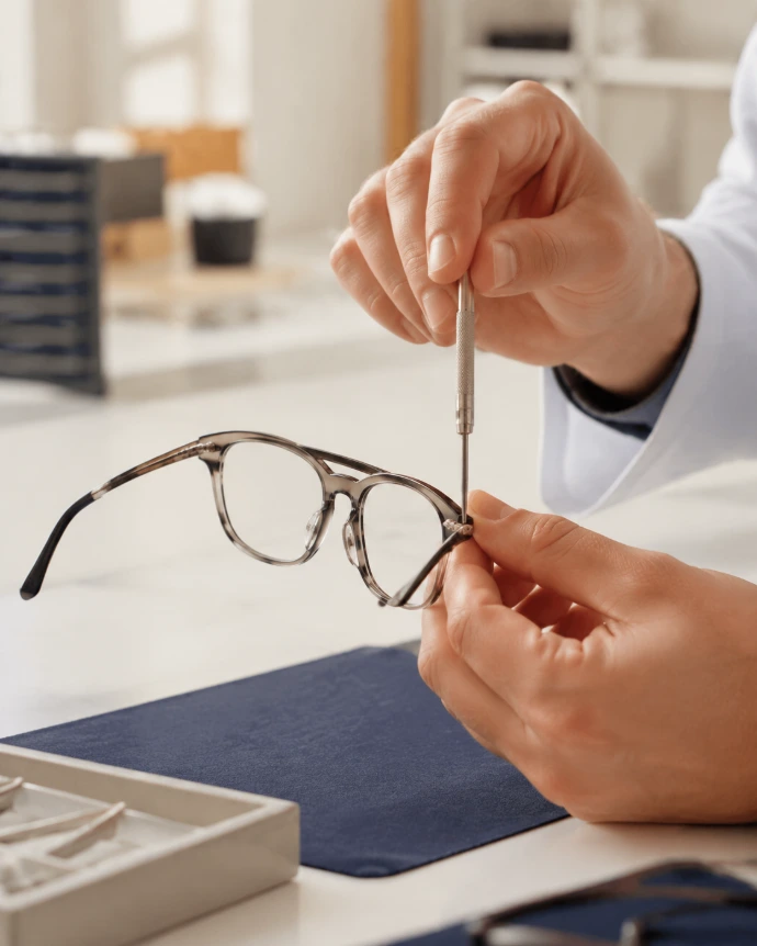 Opticien ajustant une paire de lunettes en atelier