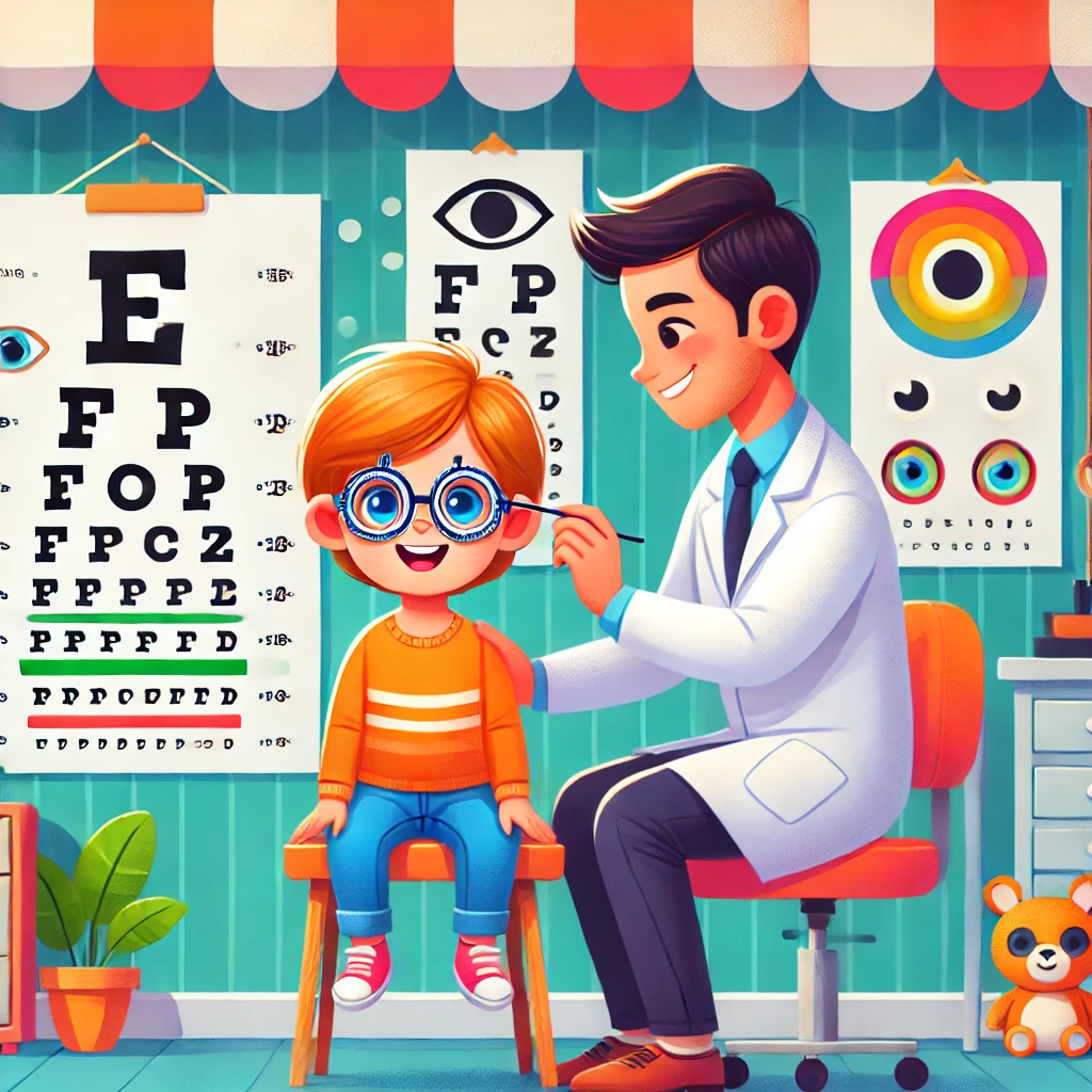 DALL·E 2024-12-21 12.05.23 - A vibrant and educational illustration showing a young child having their vision checked by an optometrist in a warm, friendly environment